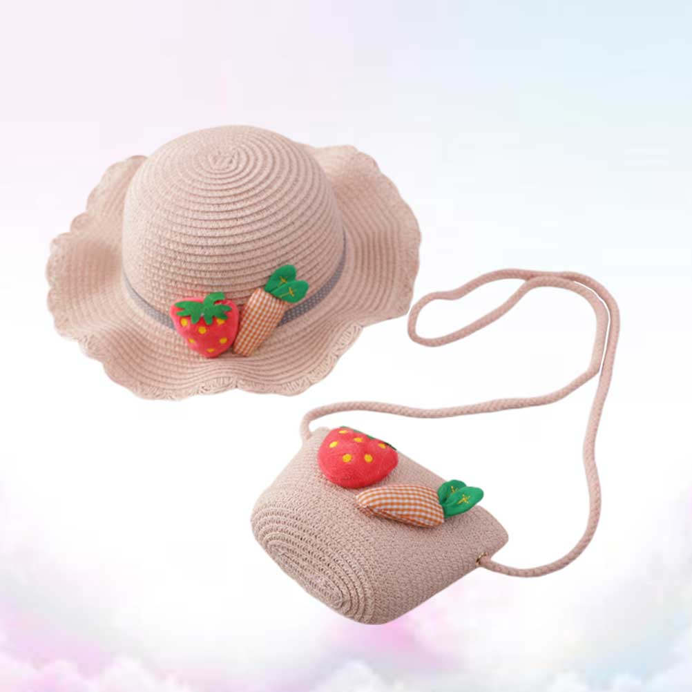 Straw Hat Summer - ชุดหมวกปีกกว้างกันแดดสำหรับเด็ก สีชมพู ขนาด 54 ซม. พร้อมกระเป๋าสะพายข้าง