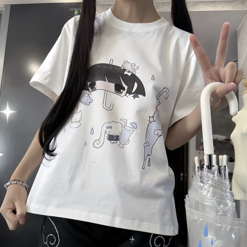 Women'S Fashion Umbrella - เสื้อยืดผู้หญิงแขนสั้นพิมพ์ลายร่มน่ารักสไตล์ญี่ปุ่น เสื้อผ้าฝ้ายหลวมๆ ใส่สบายสำหรับฤดูร้อน แฟชั่นฮาราจูกุ สตรีทแวร์ เสื้อผ้าผู้หญิง