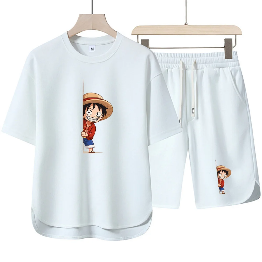 Straw Hat Summer - ชุดหมวกฟางสไตล์วัยรุ่นลูฟี่, เสื้อแขนสั้นทรงโค้งพร้อมดีไซน์ด้านหน้าสั้นกว่าด้านหลัง, ชุดสองชิ้นสำหรับทุกเพศ