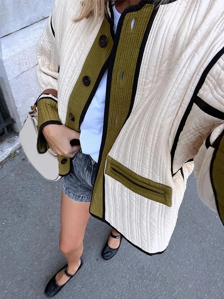 Women'S Fashion Quilted Jacket - TARUXY แฟชั่น Contrast เสื้อแจ็คเก็ตผ้าฝ้ายผู้หญิงเดี่ยว Splice Quilted