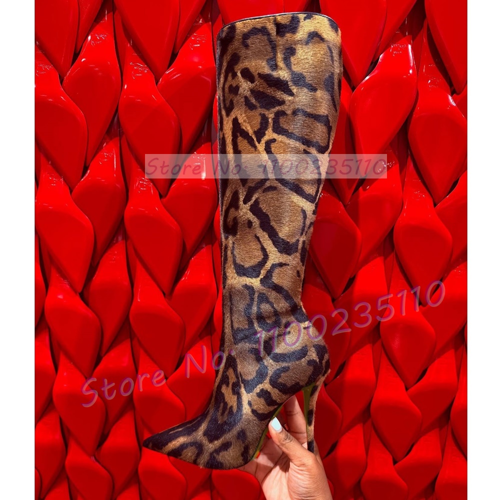 Women'S Fashion Knee High Boots - รองเท้าบูทสูงถึงเข่าลายเสือดาว ขนเทียม แฟชั่นสำหรับผู้หญิง ปลายแหลม รองเท้าสไตล์รันเวย์ ซิปด้านข้าง