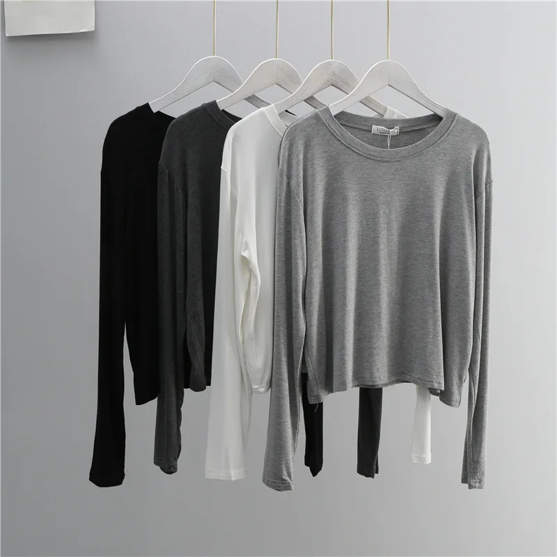 Women'S Fashion Tops - เสื้อยืดแขนยาวคอโอ ผ้าผสมคอตตอน สำหรับผู้หญิง สีดำขาว สไตล์ลำลอง สำหรับฤดูใบไม้ร่วงและฤดูร้อน