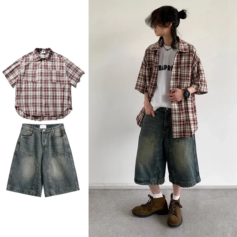Denim Shorts Women - สไตล์วัยรุ่นญี่ปุ่นชายหญิงลายสก๊อตกระเป๋าปะแขนสั้นเสื้อเชิ้ตเดนิมคาปรีกางเกงขาสั้นชุดลำลอง