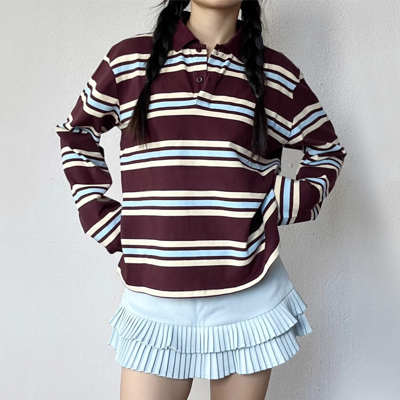 Women'S Fashion Rugby Shirt - เสื้อโปโลรักบี้ลายทางผู้หญิง แขนยาว ผ้าคอตตอนผสม สไตล์ลำลอง แฟชั่น มีหลายสี