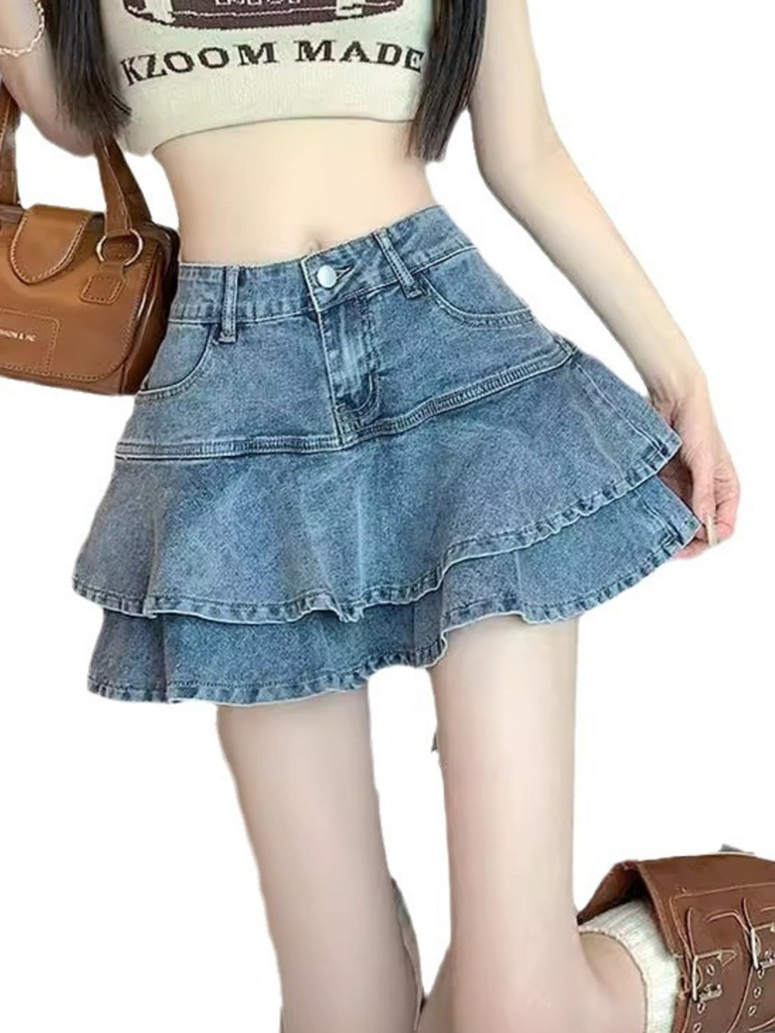 Denim Shorts Women - กระโปรงยีนส์วินเทจทรงเอไลน์เอวสูงสำหรับผู้หญิง แต่งระบายเป็นชั้นๆ พร้อมกางเกงซับใน สีฟ้าอ่อน ไซส์ S-2XL