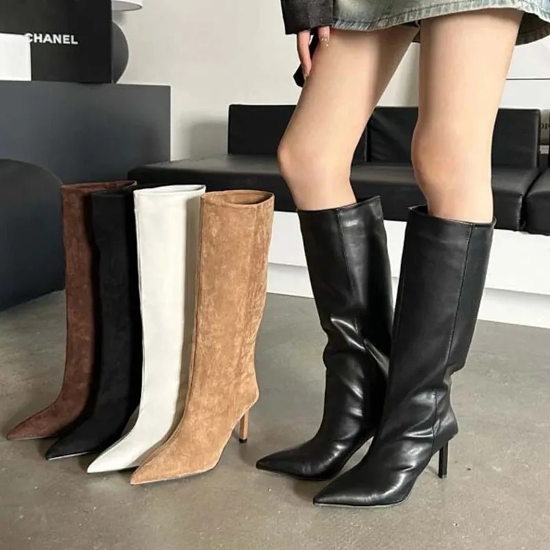 Women'S Fashion Knee High Boots - รองเท้าบูทผู้หญิงทรงยาวหรูหรา แฟชั่นหนังกลับทรงสลัช สไตล์ฝรั่งเศส หัวแหลม ส้นสูง รองเท้าดีไซเนอร์สำหรับผู้หญิง