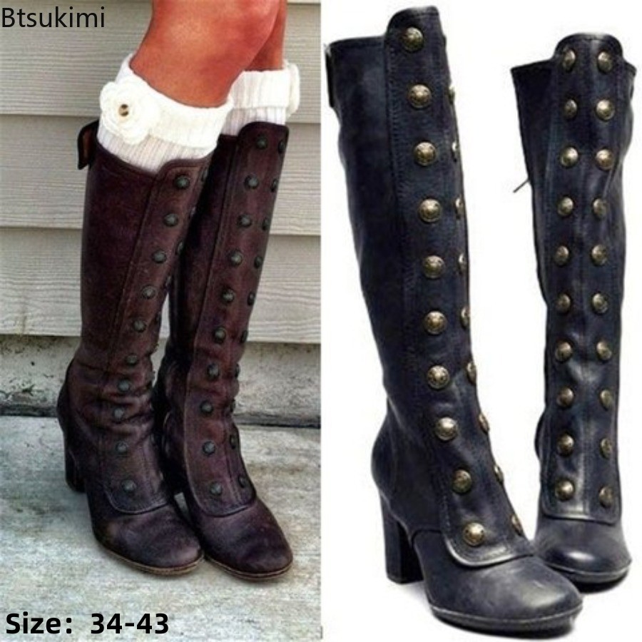Women'S Fashion Knee High Boots - รองเท้าบูทแฟชั่นสไตล์เรโทรสีดำ ตกแต่งหมุดโลหะ ส้นหนา ความยาวถึงเข่า แบบสวมสำหรับผู้หญิง รองเท้าบูทสไตล์อัศวิน