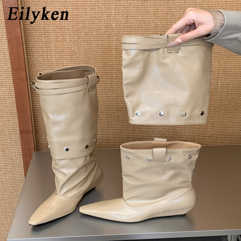 Women'S Fashion Knee High Boots - รองเท้าบูทส้นเตี้ยทรงหัวแหลมสำหรับผู้หญิง ดีไซน์ใหม่จาก Eilyken พร้อมสายรัดหัวเข็มขัดแบบถอดได้และดีไซน์การต่อผ้า
