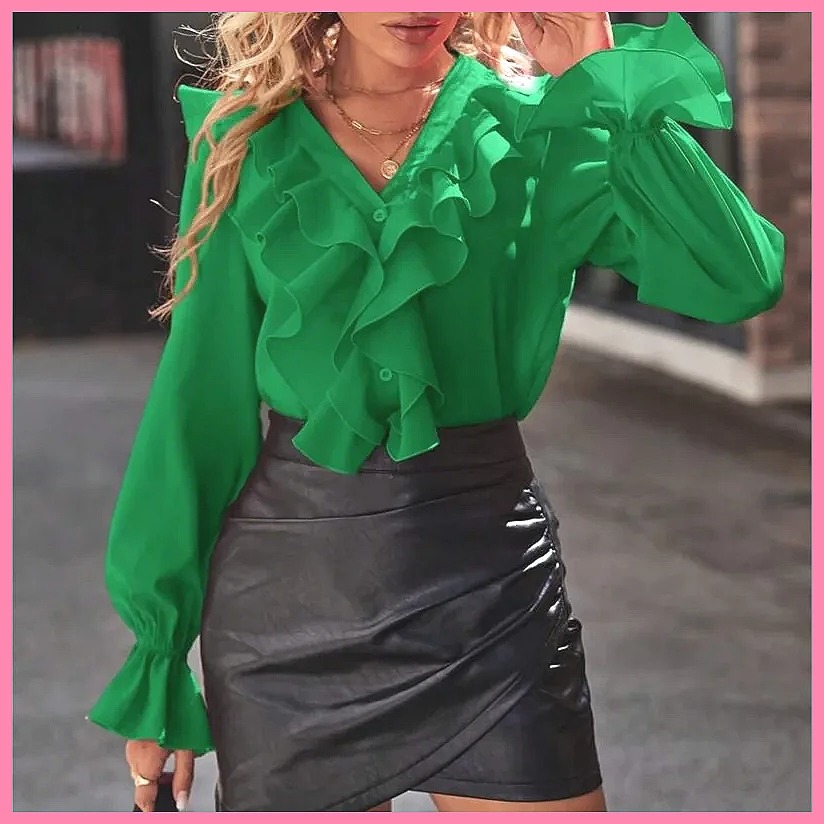 Women'S Fashion Tops - เสื้อเบลาส์แฟชั่นปี 2025 คอวี แขนระบาย ดีไซน์หรูหราสำหรับผู้หญิง -