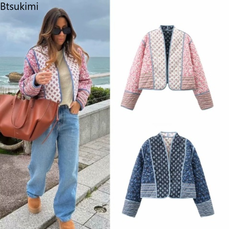 Women'S Fashion Quilted Jacket - เสื้อแจ็คเก็ตผู้หญิงแฟชั่นฤดูใบไม้ร่วงปี 2026 แบบใหม่ ลายดอกไม้สไตล์วินเทจ แขนยาว แบบกลับด้านได้