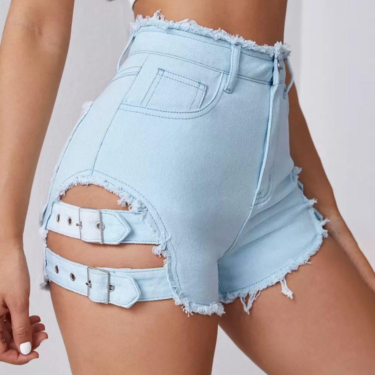 Denim Shorts Women - กางเกงยีนส์ขาสั้นเอวสูงสำหรับผู้หญิง แต่งขอบขาดๆ สไตล์ลำลองสำหรับฤดูร้อน ทรงเอ ผ่าข้าง ขอบดิบ
