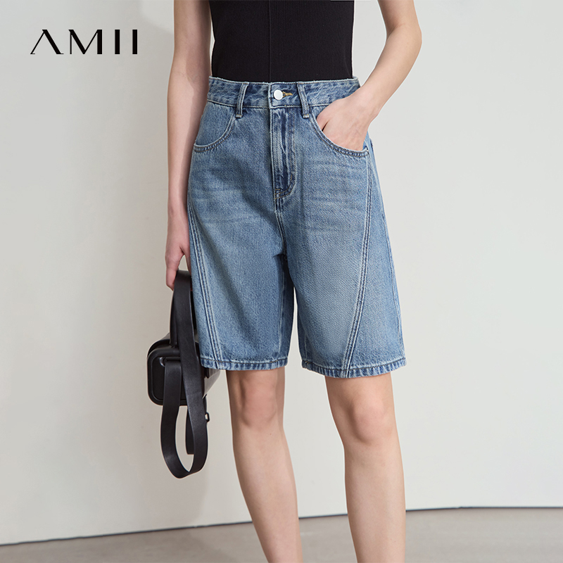 Denim Shorts Women - AMII กางเกงยีนส์ขาสั้นผู้หญิงมินิมอล 2025 ฤดูร้อนใหม่ผ้าฝ้ายกางเกงขากว้างเลดี้ลำลองกระเป๋าแฟชั่นดีไซน์กางเกงยีนส์ขาสั้น 12542205
