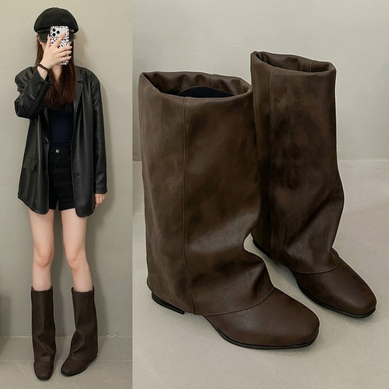 Women'S Fashion Knee High Boots - รองเท้าบูทแฟชั่นวินเทจหัวเหลี่ยมรุ่นใหม่ปี 2026 สำหรับผู้หญิง, รองเท้าบูททรงหลวม, รองเท้าบูทสั้นระดับกลางน่องที่ช่วยให้ดูเพรียวสำหรับผู้หญิง