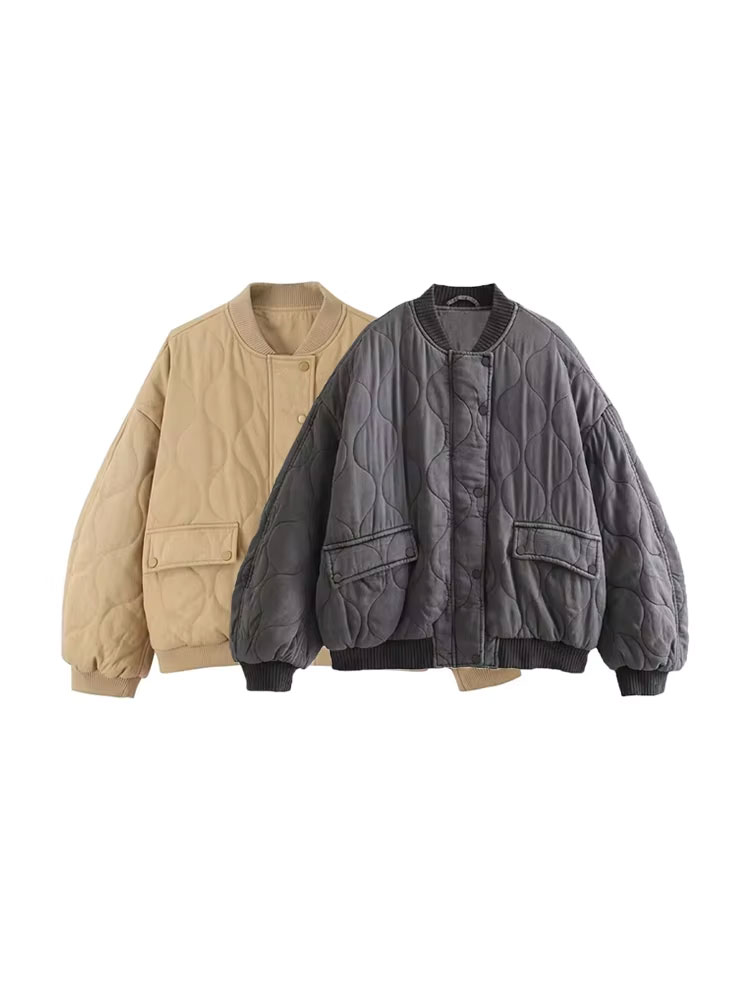 Women'S Fashion Quilted Jacket - เสื้อแจ็คเก็ตบอมเบอร์ผู้หญิงทรงโอเวอร์ไซส์ ผ้าหนานุ่ม อุ่นสบาย แบบควิลท์ สไตล์วินเทจ แขนยาว