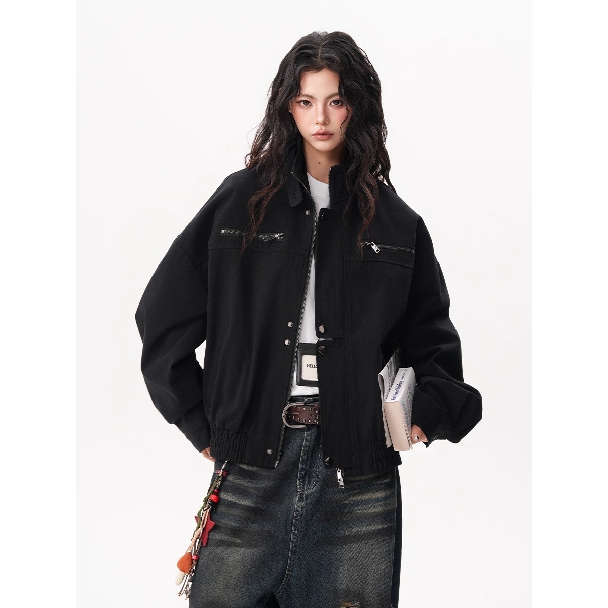 Women'S Fashion Utility Jacket - เสื้อแจ็คเก็ตวินเทจสไตล์บาร์นสำหรับผู้หญิง เสื้อโค้ททำงานแบบยูทิลิตี้ คอตั้ง ทรงหลวมขนาดใหญ่ สไตล์สตรีทแวร์อเมริกัน