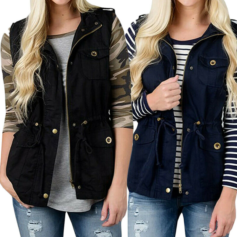 Women'S Fashion Utility Jacket - แฟชั่นผู้หญิงเสื้อกั๊กOlive Cargo Utility Safariเสื้อกั๊กWกระเป๋าDrawstring Armyเสื้อCasual Streetwearเสื้อ