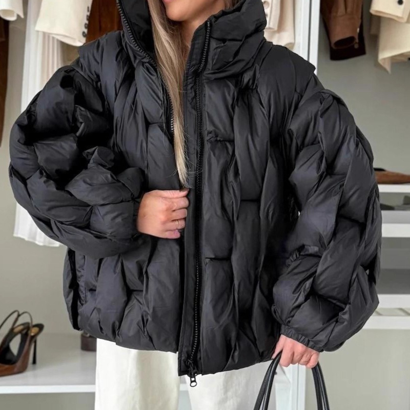 Women'S Fashion Quilted Jacket - เสื้อแจ็คเก็ตผ้าฝ้ายลายตารางสำหรับผู้หญิง แขนยาว ทรงหลวม คอตั้ง แฟชั่นลำลอง สไตล์สตรีท
