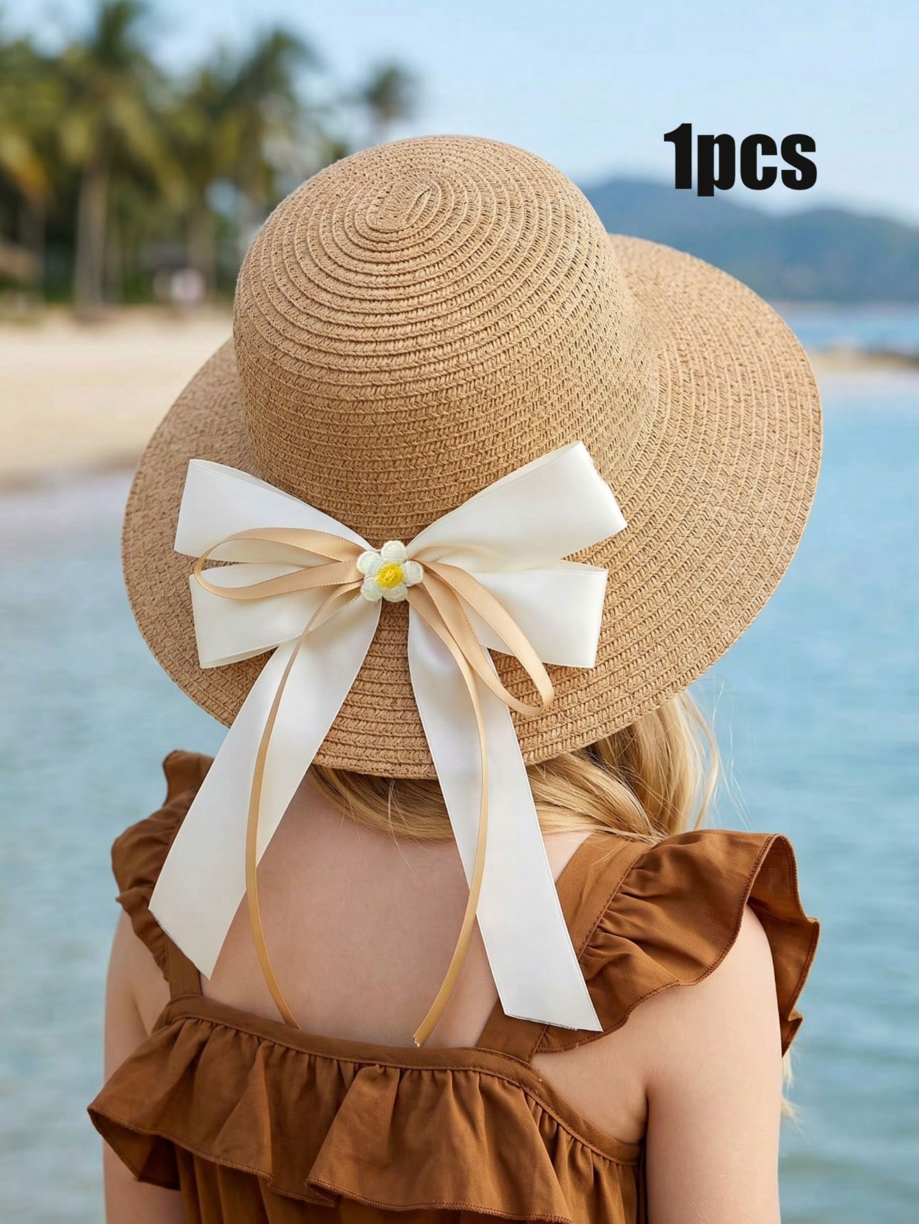 Straw Hat Summer - หมวกฟางสานลายโบว์สีกาแฟสำหรับเด็กผู้หญิง 3-8 ขวบ 1 ชิ้น ระบายอากาศได้ดี
