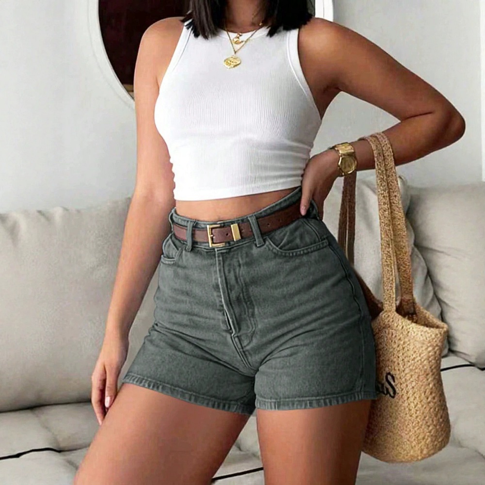 กางเกงยีนส์ขาสั้นเอวสูงทรงสลิม - Denim Shorts Women บทวิจารณ์และราคา