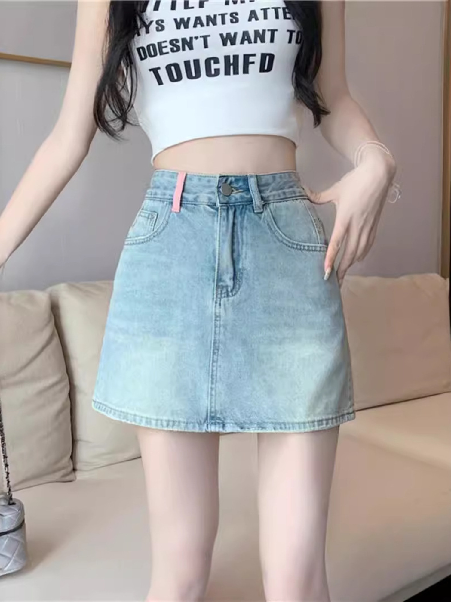 กระโปรงยีนส์วินเทจทรงสั้นเอวสู - Denim Shorts Women บทวิจารณ์และราคา