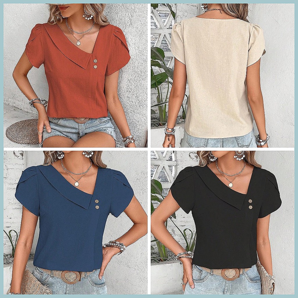 เสื้อเบลาส์สีพื้นสไตล์วินเทจสำ - Women'S Fashion Tops บทวิจารณ์และราคา